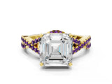Yellow gold Asscher Cut Diamond with Amethyst side stone Halo Twist Band Solitaire Prong Setting Ring_12