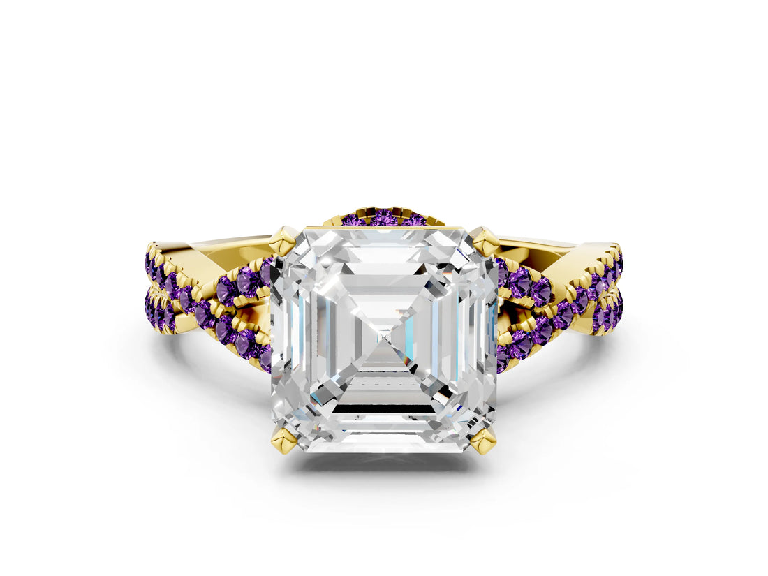 Yellow gold Asscher Cut Diamond with Amethyst side stone Halo Twist Band Solitaire Prong Setting Ring_24