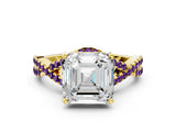 Yellow gold Asscher Cut Diamond with Amethyst side stone Halo Twist Band Solitaire Prong Setting Ring_24