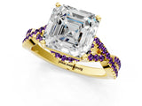 Yellow gold Asscher Cut Diamond with Amethyst side stone Halo Twist Band Solitaire Prong Setting Ring_25