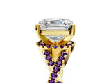 Yellow gold Asscher Cut Diamond with Amethyst side stone Halo Twist Band Solitaire Prong Setting Ring_29