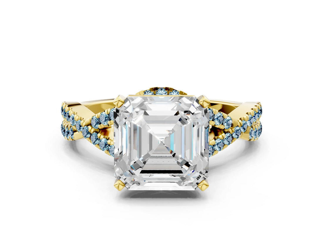 Yellow gold Asscher Cut Diamond with Aquamarine side stone Halo Twist Band Solitaire Prong Setting Ring_12