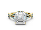Yellow gold Asscher Cut Diamond with Aquamarine side stone Halo Twist Band Solitaire Prong Setting Ring_12