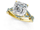 Yellow gold Asscher Cut Diamond with Aquamarine side stone Halo Twist Band Solitaire Prong Setting Ring_13