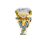 Yellow gold Asscher Cut Diamond with Aquamarine side stone Halo Twist Band Solitaire Prong Setting Ring_17
