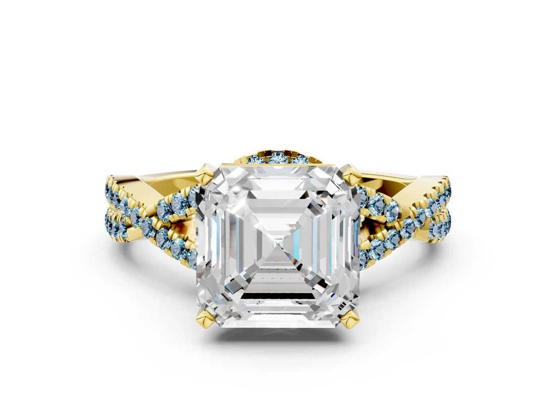 Yellow gold Asscher Cut Diamond with Aquamarine side stone Halo Twist Band Solitaire Prong Setting Ring_36
