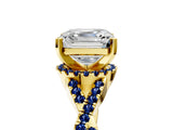 Yellow gold Asscher Cut Diamond with Blue Sapphire side stone Halo Twist Band Solitaire Prong Setting Ring_17