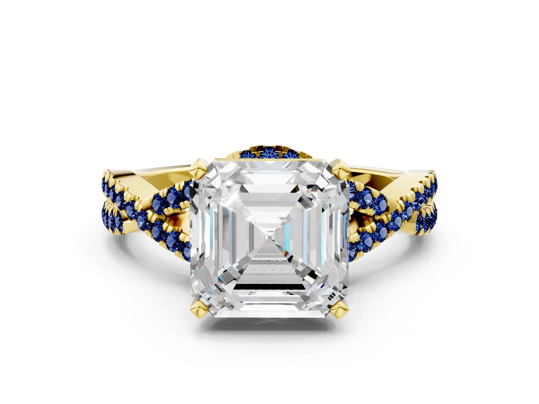 Yellow gold Asscher Cut Diamond with Blue Sapphire side stone Halo Twist Band Solitaire Prong Setting Ring_36