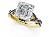 Yellow gold Asscher Cut Diamond with Blue Sapphire side stone Halo Twist Band Solitaire Prong Setting Ring_37