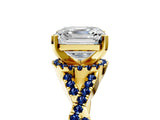 Yellow gold Asscher Cut Diamond with Blue Sapphire side stone Halo Twist Band Solitaire Prong Setting Ring_41