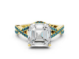 Yellow gold Asscher Cut Diamond with Blue Topaz side stone Halo Twist Band Solitaire Prong Setting Ring_36
