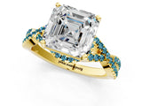 Yellow gold Asscher Cut Diamond with Blue Topaz side stone Halo Twist Band Solitaire Prong Setting Ring_37