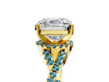 Yellow gold Asscher Cut Diamond with Blue Topaz side stone Halo Twist Band Solitaire Prong Setting Ring_41
