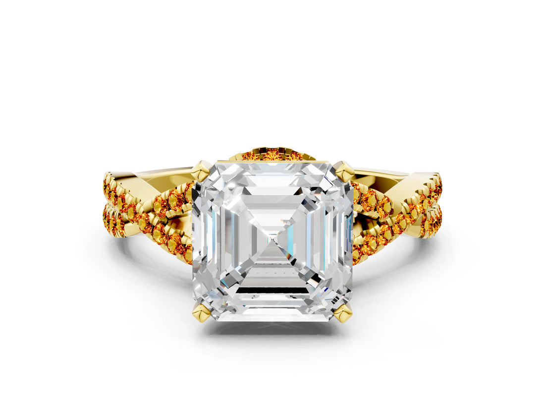 Yellow gold Asscher Cut Diamond with Citrine side stone Halo Twist Band Solitaire Prong Setting Ring_12
