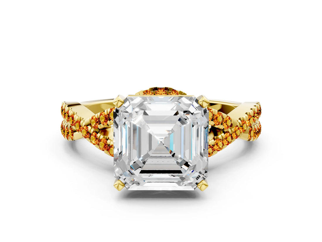 Yellow gold Asscher Cut Diamond with Citrine side stone Halo Twist Band Solitaire Prong Setting Ring_36