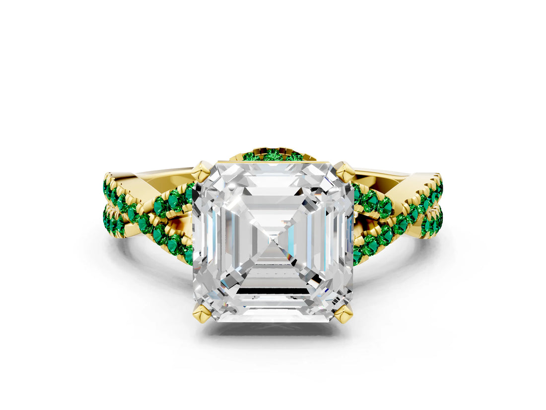 Yellow gold Asscher Cut Diamond with Emerald side stone Halo Twist Band Solitaire Prong Setting Ring_12