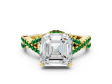 Yellow gold Asscher Cut Diamond with Emerald side stone Halo Twist Band Solitaire Prong Setting Ring_12