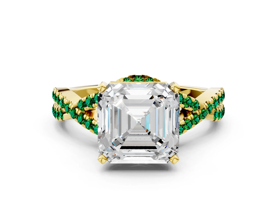Yellow gold Asscher Cut Diamond with Emerald side stone Halo Twist Band Solitaire Prong Setting Ring_36