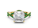 Yellow gold Asscher Cut Diamond with Emerald side stone Halo Twist Band Solitaire Prong Setting Ring_36