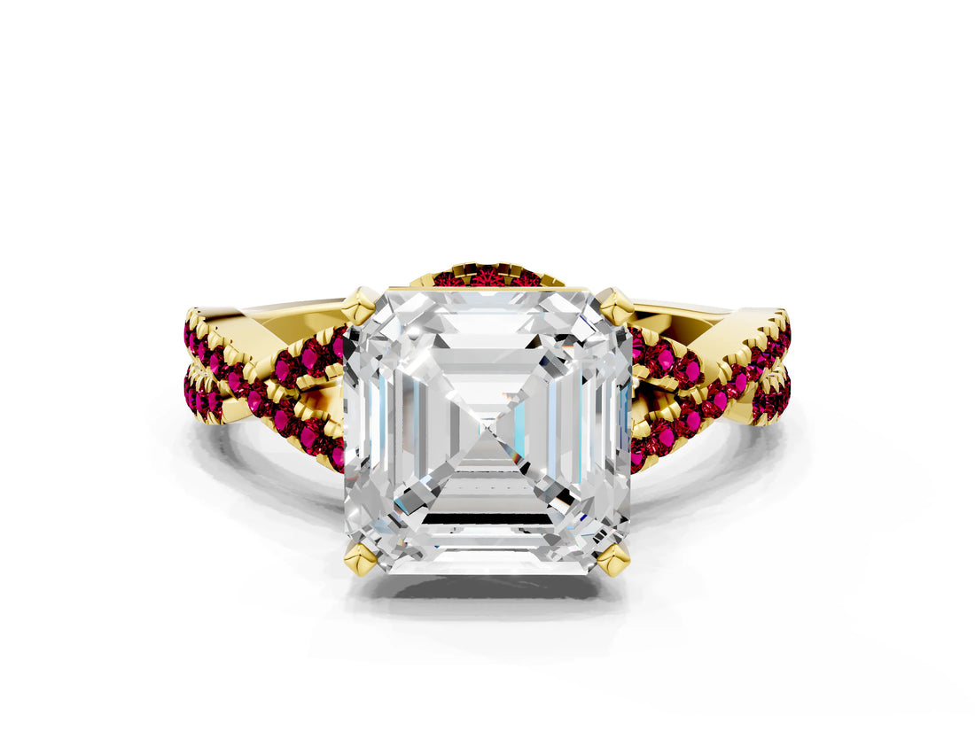 Yellow gold Asscher Cut Diamond with Garnet side stone Halo Twist Band Solitaire Prong Setting Ring_12