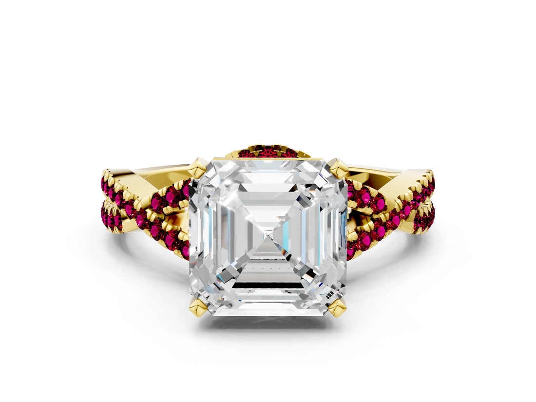 Yellow gold Asscher Cut Diamond with Garnet side stone Halo Twist Band Solitaire Prong Setting Ring_36