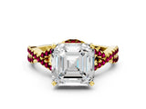 Yellow gold Asscher Cut Diamond with Garnet side stone Halo Twist Band Solitaire Prong Setting Ring_36