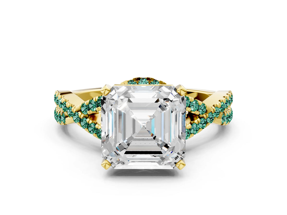 Yellow gold Asscher Cut Diamond with Green Sapphire side stone Halo Twist Band Solitaire Prong Setting Ring_12