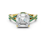 Yellow gold Asscher Cut Diamond with Green Sapphire side stone Halo Twist Band Solitaire Prong Setting Ring_12