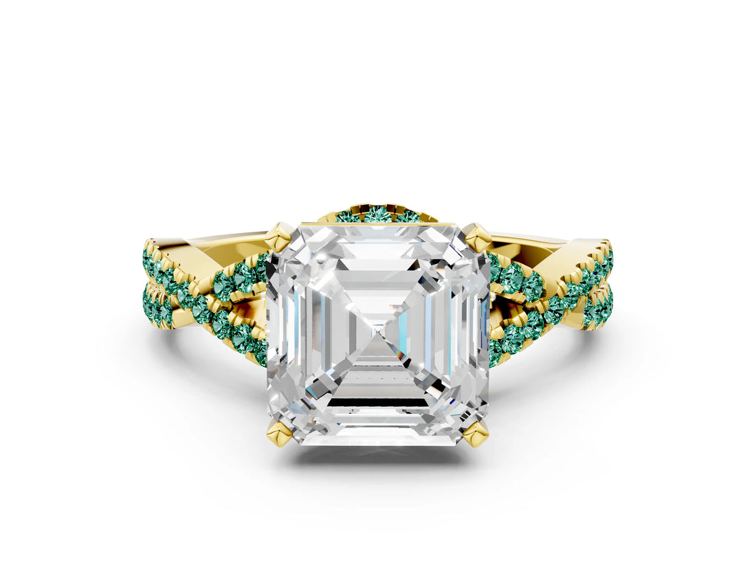 Yellow gold Asscher Cut Diamond with Green Sapphire side stone Halo Twist Band Solitaire Prong Setting Ring_36