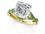Yellow gold Asscher Cut Diamond with Green Sapphire side stone Halo Twist Band Solitaire Prong Setting Ring_37