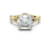 Yellow gold Asscher Cut Diamond with Moissanite side stone Halo Twist Band Solitaire Prong Setting Ring_12