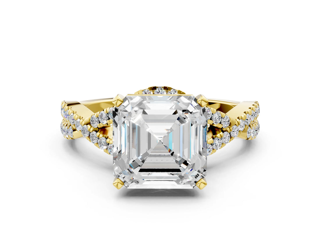 Yellow gold Asscher Cut Diamond with Moissanite side stone Halo Twist Band Solitaire Prong Setting Ring_36