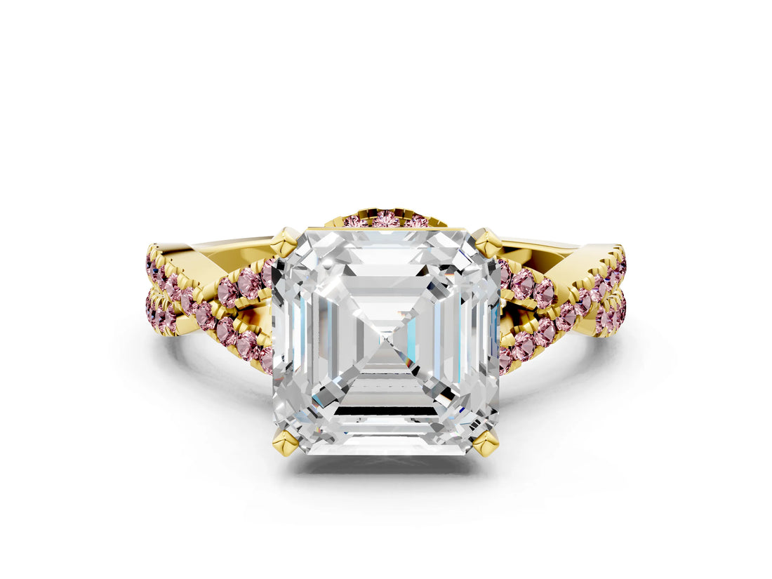Yellow gold Asscher Cut Diamond with Morganite side stone Halo Twist Band Solitaire Prong Setting Ring_12