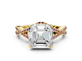 Yellow gold Asscher Cut Diamond with Morganite side stone Halo Twist Band Solitaire Prong Setting Ring_12