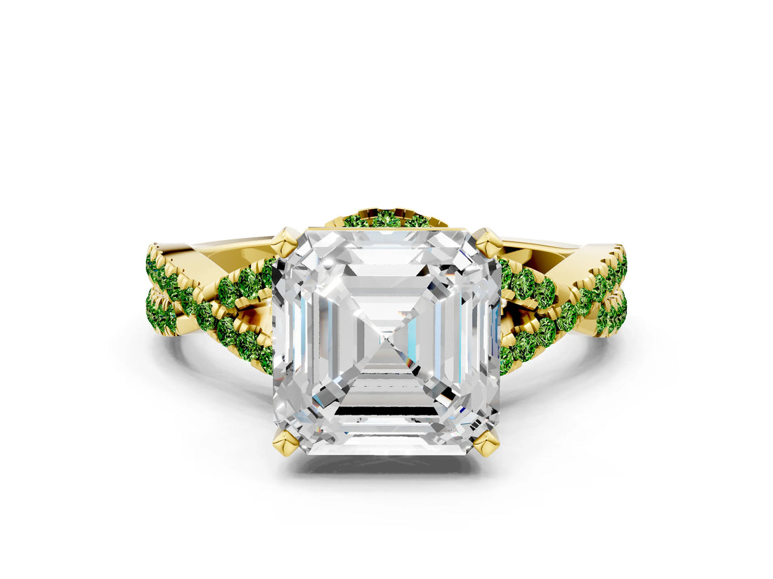 Yellow gold Asscher Cut Diamond with Peridot side stone Halo Twist Band Solitaire Prong Setting Ring_12