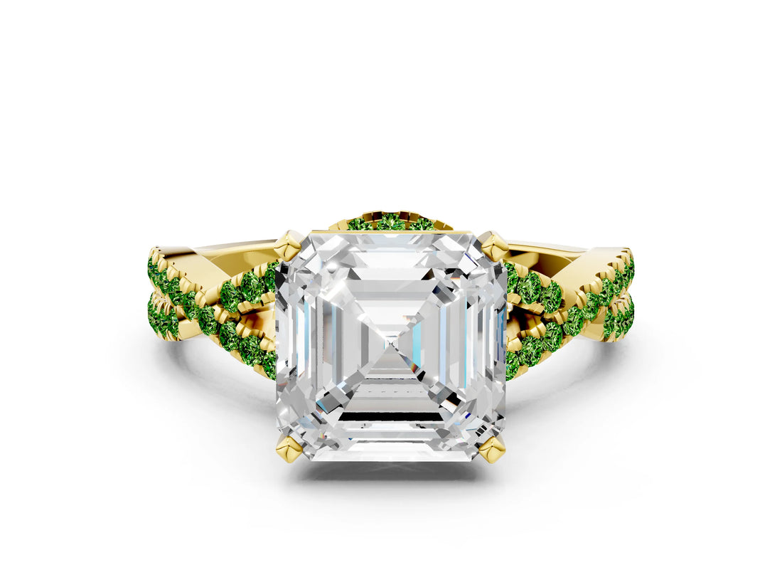 Yellow gold Asscher Cut Diamond with Peridot side stone Halo Twist Band Solitaire Prong Setting Ring_24