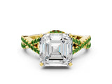 Yellow gold Asscher Cut Diamond with Peridot side stone Halo Twist Band Solitaire Prong Setting Ring_24