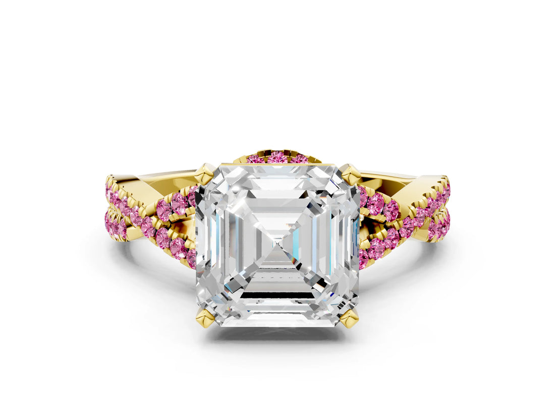 Yellow gold Asscher Cut Diamond with Pink Sapphire side stone Halo Twist Band Solitaire Prong Setting Ring_12