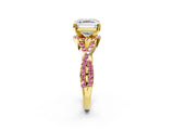 Yellow gold Asscher Cut Diamond with Pink Sapphire side stone Halo Twist Band Solitaire Prong Setting Ring_14