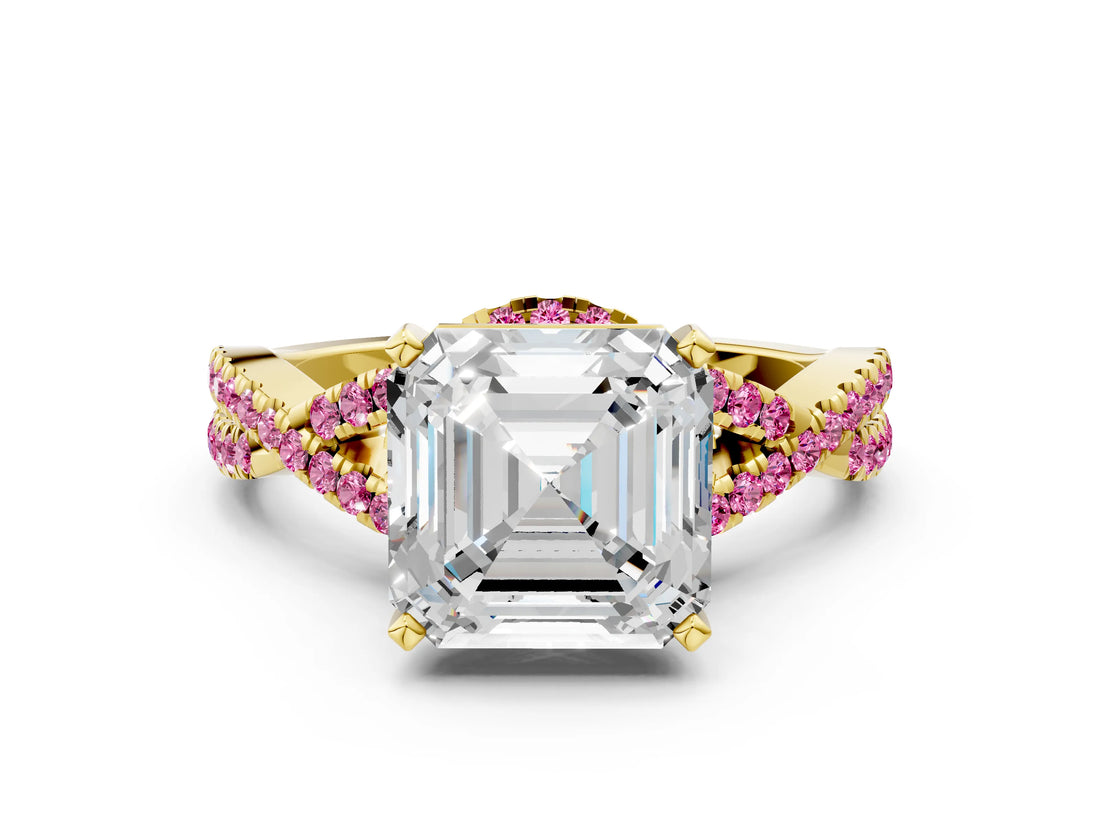Yellow gold Asscher Cut Diamond with Pink Sapphire side stone Halo Twist Band Solitaire Prong Setting Ring_24