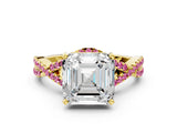 Yellow gold Asscher Cut Diamond with Pink Sapphire side stone Halo Twist Band Solitaire Prong Setting Ring_24