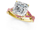 Yellow gold Asscher Cut Diamond with Pink Sapphire side stone Halo Twist Band Solitaire Prong Setting Ring_25