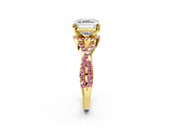 Yellow gold Asscher Cut Diamond with Pink Sapphire side stone Halo Twist Band Solitaire Prong Setting Ring_26