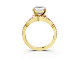 Yellow gold Asscher Cut Diamond with Pink Sapphire side stone Halo Twist Band Solitaire Prong Setting Ring_27