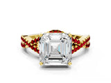 Yellow gold Asscher Cut Diamond with Ruby side stone Halo Twist Band Solitaire Prong Setting Ring_12
