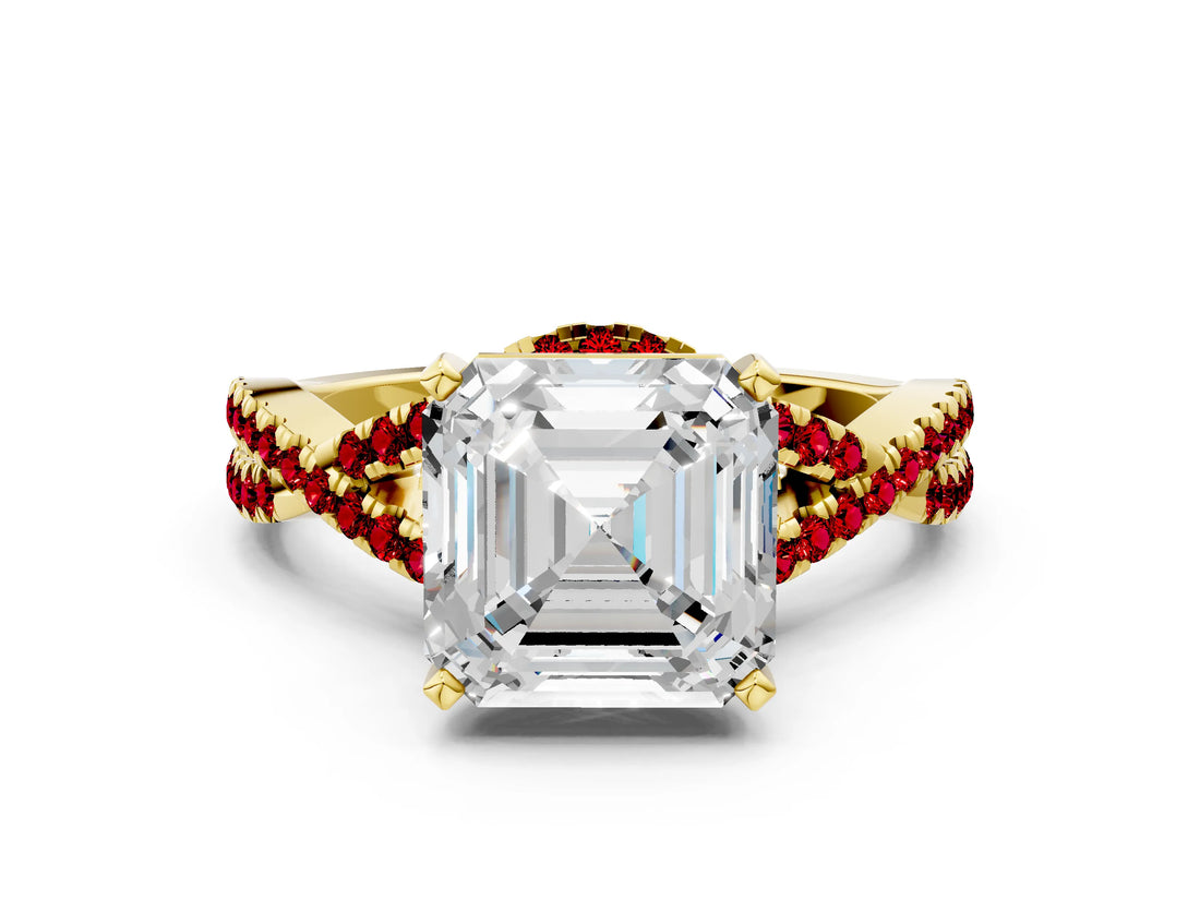 Yellow gold Asscher Cut Diamond with Ruby side stone Halo Twist Band Solitaire Prong Setting Ring_36