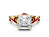Yellow gold Asscher Cut Diamond with Ruby side stone Halo Twist Band Solitaire Prong Setting Ring_36