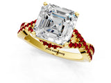 Yellow gold Asscher Cut Diamond with Ruby side stone Halo Twist Band Solitaire Prong Setting Ring_37