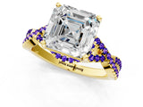 Yellow gold Asscher Cut Diamond with Tanzanite side stone Halo Twist Band Solitaire Prong Setting Ring_13
