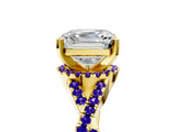 Yellow gold Asscher Cut Diamond with Tanzanite side stone Halo Twist Band Solitaire Prong Setting Ring_17